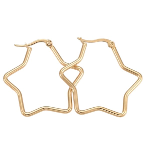 1 1/4 Inch 35mm Hoop Gold Star Pierced Post Earrings - Picture 1 of 3